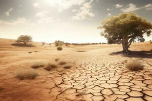 asciutto erboso prato con lussureggiante alberi e crepe su terra che rappresentano concetto di siccità nel deserto. generativo ai foto