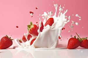 spruzzo di gustoso Yogurt e fresco fragole su rosa sfondo. generativo ai foto