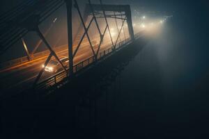 il nebbioso ponte con un' strada leggero su il lato. il notte ponte coperto nel il nebbia. generativo ai foto