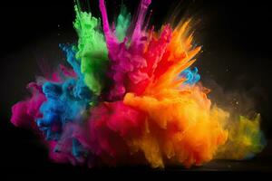 colorato arcobaleno holi dipingere colore polvere esplosione su buio sfondo. generativo ai foto