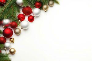 Natale decorazione con abete rami e palline su un' bianca sfondo con copia spazio. ai generato foto
