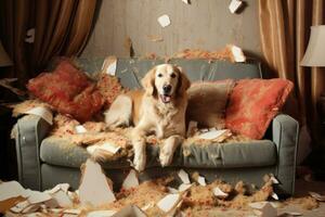 cane distruttivo cuscini su divano. cattivo giocoso cane dopo pungente un' cuscino. generativo ai foto