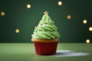 verde Natale albero sagomato Cupcake e Natale decorazione. ai generato foto