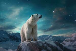 un' bianca orso sta su un' nevoso montagna superiore. animale ritratto. generativo ai foto