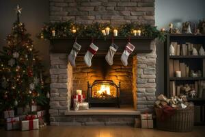 moderno camino con calze autoreggenti, candele, e Natale decorazione. Natale vivente camera con il camino. ai generato foto