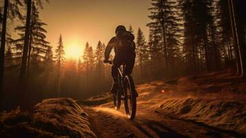 montagna motociclista su foresta pista nel il tramonto. generativo ai foto