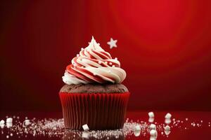 rosso Natale cupcake, caramella canna e Natale decorazione. ai generato foto