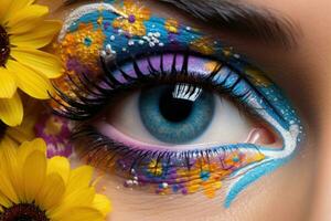 alto moda occhio trucco con fiori. bellissimo vacanza trucco vicino su. generativo ai foto