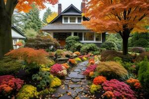 davanti cortile con impianti nel autunno. elegante Casa decorato per autunno vacanze stagione, colorato cespugli su un' primo piano. ai generato foto