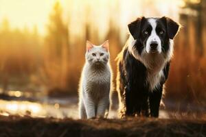 bianca gatto e nero cane insieme. migliore gli amici. ai generato foto