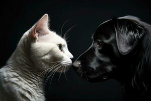 bianca gatto e nero cane insieme. migliore gli amici. ai generato foto