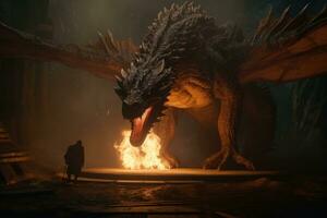 il gigante Drago respirazione fuoco su buio sfondo. mitologia creatura ritratto. generativo ai foto