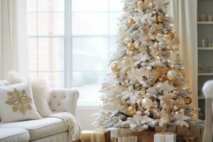leggero vivente camera interno nel un' semplice stile con un' Natale albero nel d'oro e bianca colori. generativo ai foto