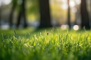 ordinatamente rifilato prato su sfocato primavera sfondo. terra livello Visualizza. generativo ai foto