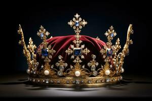 d'oro decorato Regina corona con diamanti. costoso gioielleria. Magia corona, vicino su. generativo ai foto