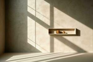 minimalista interno design con ombre e luce del sole. composizione di vaso nel camera. generativo ai foto