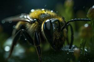 il ape con il polline su suo testa e gambe. un' Impressionante macro sparo. generativo ai foto