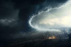un' potente tornado formatura distruzione al di sopra di un' popolato paesaggio. un' vorticoso vortice di vento e detriti. generativo ai foto
