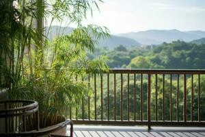 balcone Visualizza di il bambù foresta, sfocato montagne nel il sfondo. generativo ai foto