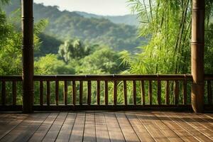 balcone Visualizza di il bambù foresta, sfocato montagne nel il sfondo. generativo ai foto