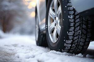 auto pneumatici nel inverno su il strada coperto con neve. generativo ai foto