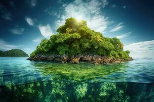 un' tropicale isola nel il mezzo di il oceano. palma alberi e spiaggia su il isola. generativo ai foto