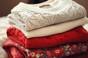 pila di vario colorato a maglia caldo maglioni. generativo ai foto