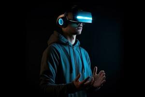 uomo utilizzando virtuale la realtà cuffia. vr gadget, , formazione scolastica in linea o gioco concetto. generativo ai foto