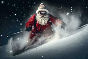 Santa Claus è sciare nel il nevoso montagne. generativo ai foto