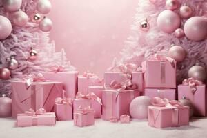 Natale composizione. Natale rosa decorazioni su pastello rosa sfondo. generativo ai foto