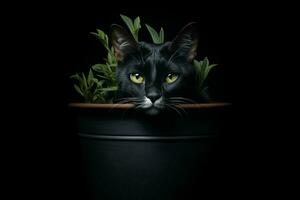 ritratto di un' carino gatto nel un' pentola su un' nero sfondo. ai generato professionista foto