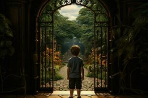 indietro Visualizza di un' ragazzo in piedi nel davanti di un' cancello. ai generato professionista foto