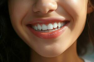 giovane donna con bellissimo salutare Sorridi, avvicinamento. dentale cura. ai generato professionista foto