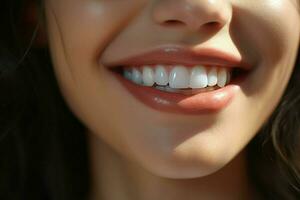 giovane donna con bellissimo salutare Sorridi, avvicinamento. dentale cura. ai generato professionista foto