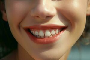 giovane donna con bellissimo salutare Sorridi, avvicinamento. dentale cura. ai generato professionista foto