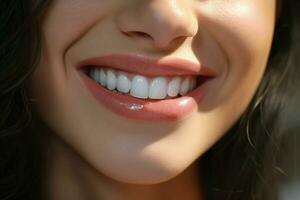 giovane donna con bellissimo salutare Sorridi, avvicinamento. dentale cura. ai generato professionista foto