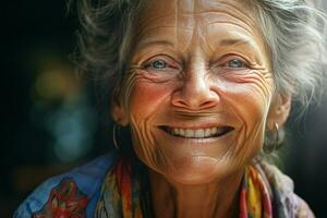 ritratto di un' sorridente anziano donna. messa a fuoco su il occhi. ai generato professionista foto