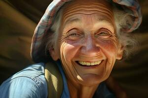 ritratto di un' sorridente anziano donna. messa a fuoco su il occhi. ai generato professionista foto