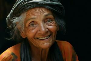 ritratto di un' sorridente anziano donna. messa a fuoco su il occhi. ai generato professionista foto
