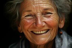 ritratto di un' sorridente anziano donna. messa a fuoco su il occhi. ai generato professionista foto