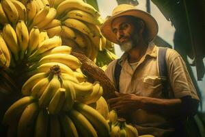 contadino Lavorando nel un' Banana piantagione, raccolta di maturo banane. ai generato professionista foto