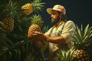 un' uomo raccolta ananas nel il campo. concetto di raccolta ananas. ai generato professionista foto