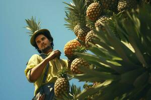 un' uomo raccolta ananas nel il campo. concetto di raccolta ananas. ai generato professionista foto