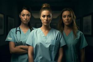 bellissimo giovane donne nel medico uniforme in piedi nel ospedale corridoio. ai generato professionista foto