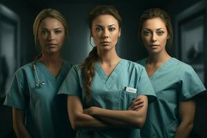bellissimo giovane donne nel medico uniforme in piedi nel ospedale corridoio. ai generato professionista foto