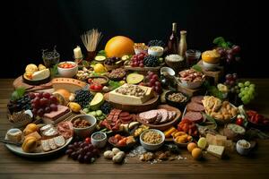 selezione di formaggio, carne, frutta e verdure su un' di legno tavolo. ai generato professionista foto