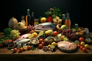 selezione di formaggio, carne, frutta e verdure su un' di legno tavolo. ai generato professionista foto