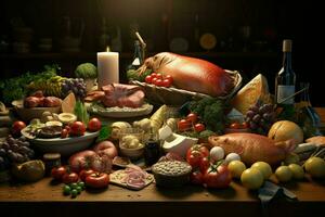 selezione di formaggio, carne, frutta e verdure su un' di legno tavolo. ai generato professionista foto