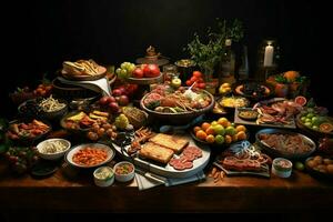 selezione di formaggio, carne, frutta e verdure su un' di legno tavolo. ai generato professionista foto