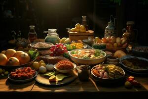 selezione di formaggio, carne, frutta e verdure su un' di legno tavolo. ai generato professionista foto